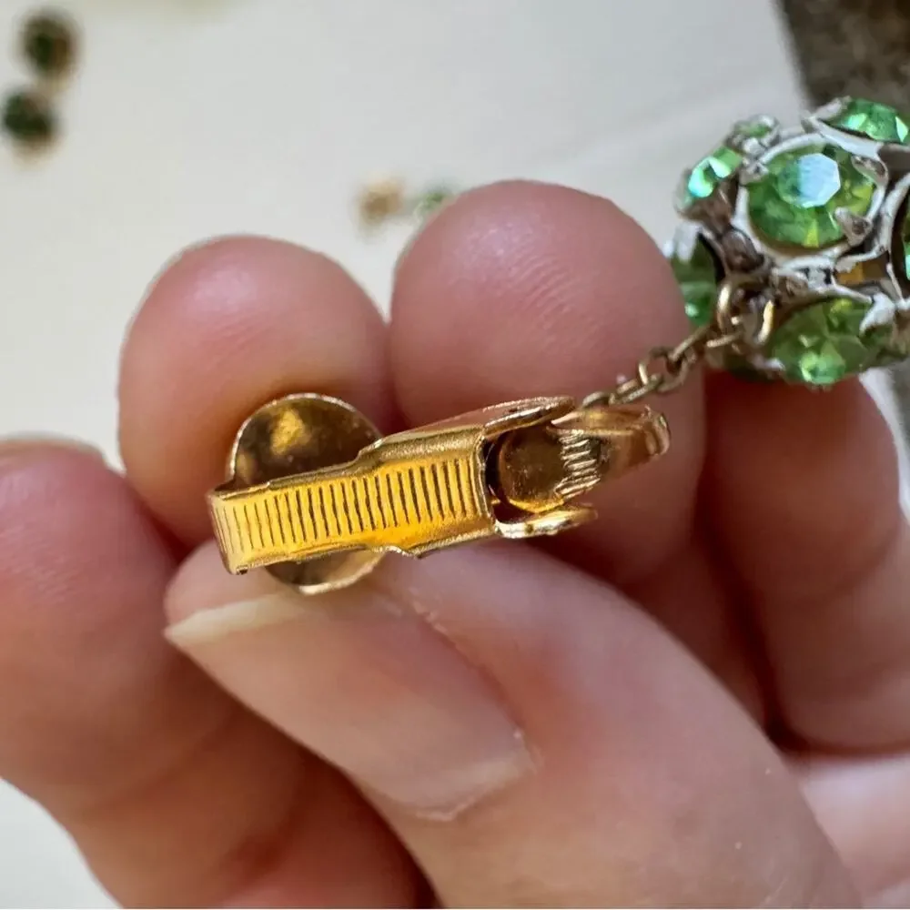 Green Rhinestone Gold Tone Dangle Earrings Clip On Vintage Classic